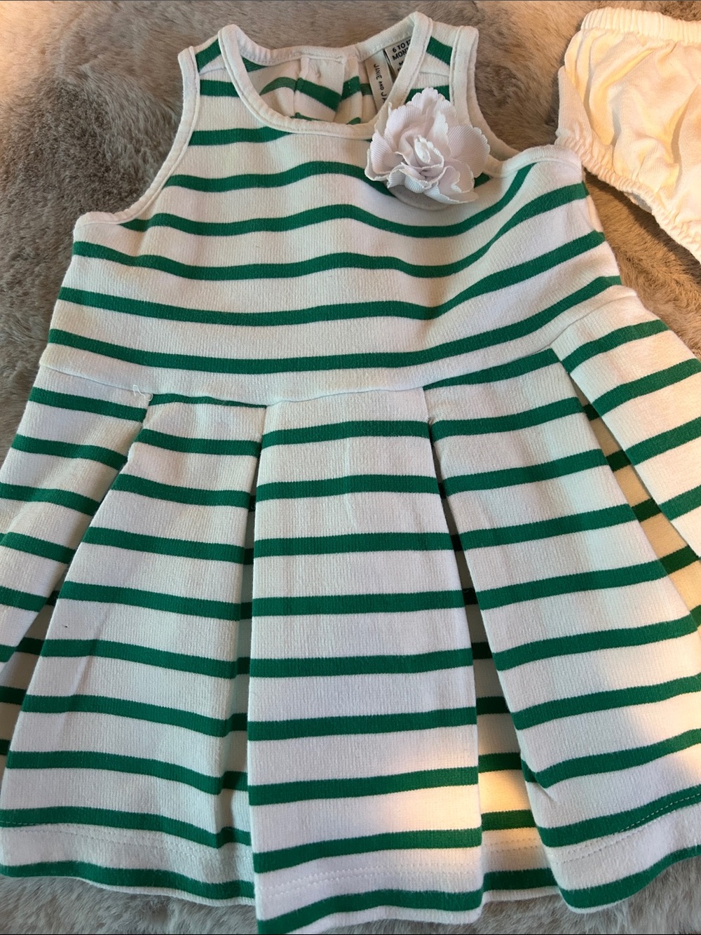Janie and Jack White and Green Striped Pleated Tank Dress with Flower Accent
